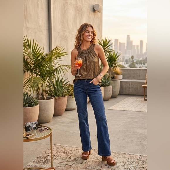 Vintage Havana Bronze Shimmer Sleeveless Top Y2K Metallic Glam Party Chic Small - Picture 9 of 11